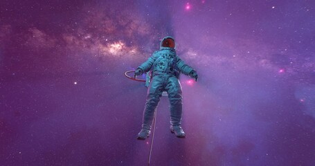 Wall Mural - an astronaut in spacesuit floating in open space against stars nebulas galaxy core and milky way tra