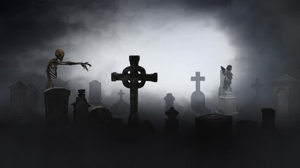 Wall Mural - skeleton walking through a misty graveyard 4k loop features a misty graveyard and a zombie-like skel