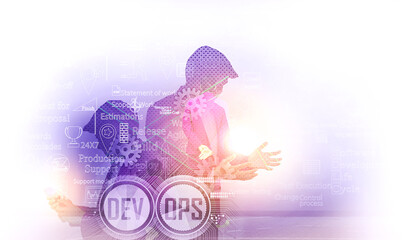 DevOps Concept and teams working together with SDLC icons at background, mixed media illustration 