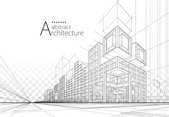 Aufkleber - Architecture building construction perspective design,abstract modern urban building line drawing.