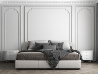 Wall Mural - Cozy modern mock up design of bedroom interior have white side table, modern bed with white pattern wall background