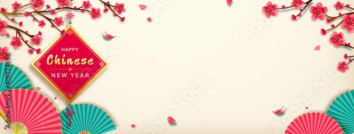 Happy Chinese new year banner design in antique white color wave pattern background with copy space © Atstock Productions