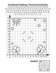 Coordinate graphing, or draw by coordinates, math worksheet with St Patrick's Day mystery picture of celtic design. Answer included.

