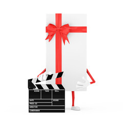 Aufkleber - White Gift Box and Red Ribbon Character Mascot with Movie Clapper Board. 3d Rendering