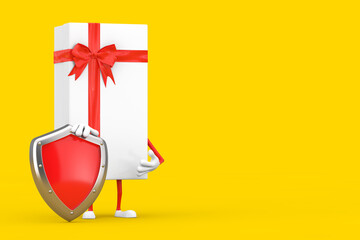 Poster - White Gift Box and Red Ribbon Character Mascot with Red Metal Protection Shield. 3d Rendering
