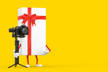 Leinwandbilder - White Gift Box and Red Ribbon Character Mascot with DSLR or Video Camera Gimbal Stabilization Tripod System. 3d Rendering