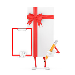 Poster - White Gift Box and Red Ribbon Character Mascot with Red Plastic Clipboard, Paper and Pencil. 3d Rendering
