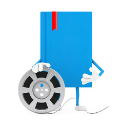 Poster - Blue Book Character Mascot with Film Reel Cinema Tape. 3d Rendering