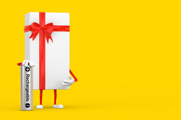 Aufkleber - White Gift Box and Red Ribbon Character Mascot with Rechargeable Battery. 3d Rendering