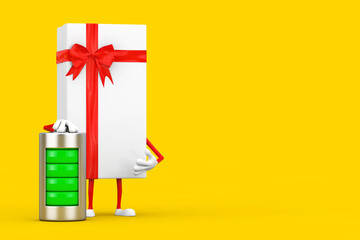 Aufkleber - White Gift Box and Red Ribbon Character Mascot with Abstract Charging Battery. 3d Rendering
