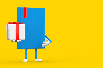 Aufkleber - Blue Book Character Mascot with Gift Box and Red Ribbon. 3d Rendering