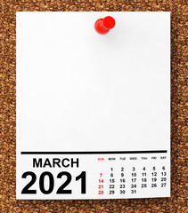 Aufkleber - Calendar March 2021 on Blank Note Paper. 3d Rendering