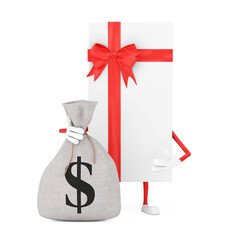 Poster - White Gift Box and Red Ribbon Character Mascot with Tied Rustic Canvas Linen Money Sack or Money Bag and Dollar Sign. 3d Rendering
