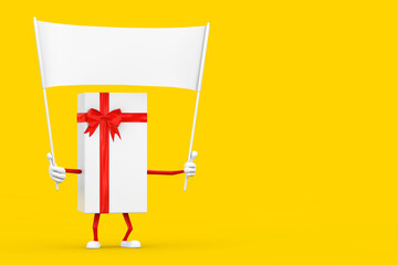Fototapete - White Gift Box and Red Ribbon Character Mascot and Empty White Blank Banner with Free Space for Your Design. 3d Rendering