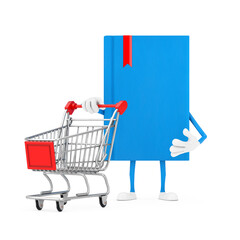 Aufkleber - Blue Book Character Mascot with Shopping Cart Trolley. 3d Rendering