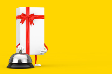 Poster - White Gift Box and Red Ribbon Character Mascot with Hotel Service Bell Call. 3d Rendering