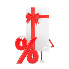 Poster - White Gift Box and Red Ribbon Character Mascot with Red Retail Percent Sale or Discount Sign. 3d Rendering