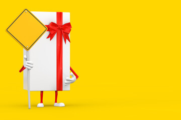Poster - White Gift Box and Red Ribbon Character Mascot and Yellow Road Sign with Free Space for Yours Design. 3d Rendering
