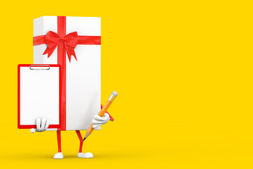 Poster - White Gift Box and Red Ribbon Character Mascot with Red Plastic Clipboard, Paper and Pencil. 3d Rendering
