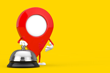 Poster - Red Map Pointer Target Pin Character Mascot with Hotel Service Bell Call. 3d Rendering