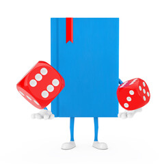 Poster - Blue Book Character Mascot with Red Game Dice Cubes in Flight. 3d Rendering