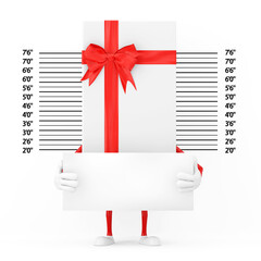 Aufkleber - White Gift Box and Red Ribbon Character Mascot with Identification Plate in front of Police Lineup or Mugshot Background. 3d Rendering