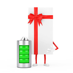 Aufkleber - White Gift Box and Red Ribbon Character Mascot with Abstract Charging Battery. 3d Rendering