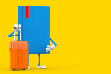 Poster - Blue Book Character Mascot with Orange Travel Suitcase. 3d Rendering