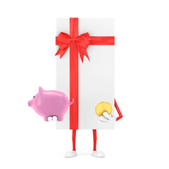 Poster - White Gift Box and Red Ribbon Character Mascot with Piggy Bank and Golden Dollar Coin. 3d Rendering