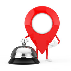 Leinwandbilder - Red Map Pointer Target Pin Character Mascot with Hotel Service Bell Call. 3d Rendering