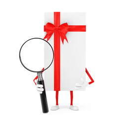 Poster - White Gift Box and Red Ribbon Character Mascot with Magnifying Glass. 3d Rendering