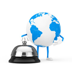 Poster - Earth Globe Character Mascot with Hotel Service Bell Call. 3d Rendering