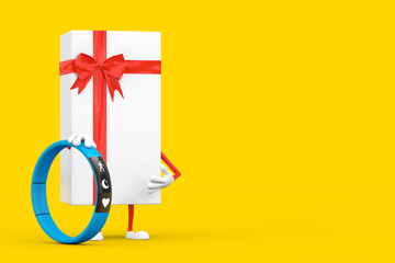 Poster - White Gift Box and Red Ribbon Character Mascot with Blue Fitness Tracker. 3d Rendering