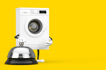 Poster - Modern White Washing Machine Character Mascot with Hotel Service Bell Call. 3d Rendering