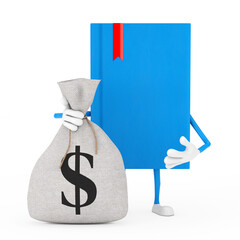 Poster - Blue Book Character Mascot with Tied Rustic Canvas Linen Money Sack or Money Bag and Dollar Sign. 3d Rendering