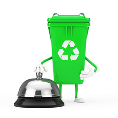 Poster - Recycle Sign Green Garbage Trash Bin Character Mascot with Hotel Service Bell Call. 3d Rendering