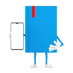 Fototapete - Blue Book Character Mascot and Modern Mobile Phone with Blank Screen for Your Design. 3d Rendering