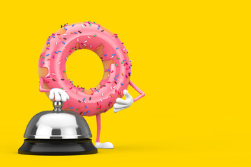 Poster - Big Strawberry Pink Glazed Donut Character Mascot with Hotel Service Bell Call. 3d Rendering