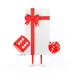 Poster - White Gift Box and Red Ribbon Character Mascot with Red Game Dice Cubes in Flight. 3d Rendering
