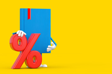 Poster - Blue Book Character Mascot with Red Retail Percent Sale or Discount Sign. 3d Rendering