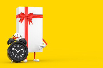 Aufkleber - White Gift Box and Red Ribbon Character Mascot with Alarm Clock. 3d Rendering