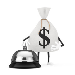 Poster - Tied Rustic Canvas Linen Money Sack or Money Bag and Dollar Sign Character Mascot with Hotel Service Bell Call. 3d Rendering