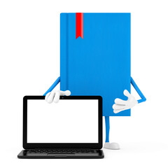 Leinwandbilder - Blue Book Character Mascot and Modern Laptop Notebook Computer with Blank Screen for Your Design. 3d Rendering