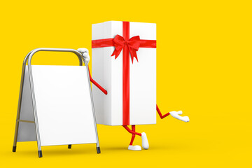 Aufkleber - White Gift Box and Red Ribbon Character Mascot with White Blank Advertising Promotion Stand. 3d Rendering