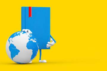 Wall Mural - Blue Book Character Mascot with Earth Globe. 3d Rendering