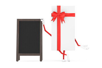 Aufkleber - White Gift Box and Red Ribbon Character Mascot with Blank Wooden Menu Blackboards Outdoor Display. 3d Rendering