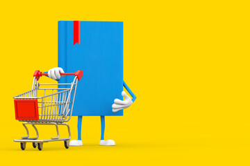 Aufkleber - Blue Book Character Mascot with Shopping Cart Trolley. 3d Rendering