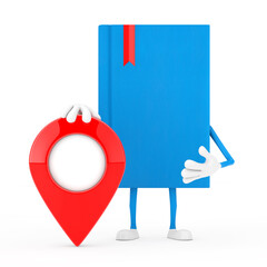 Poster - Blue Book Character Mascot with Map Pointer Pin. 3d Rendering