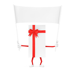 Poster - White Gift Box and Red Ribbon Character Mascot and Empty White Blank Banner with Free Space for Your Design. 3d Rendering
