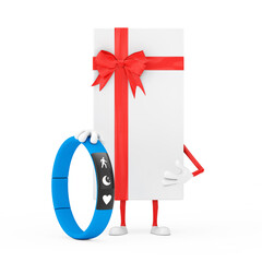 Aufkleber - White Gift Box and Red Ribbon Character Mascot with Blue Fitness Tracker. 3d Rendering